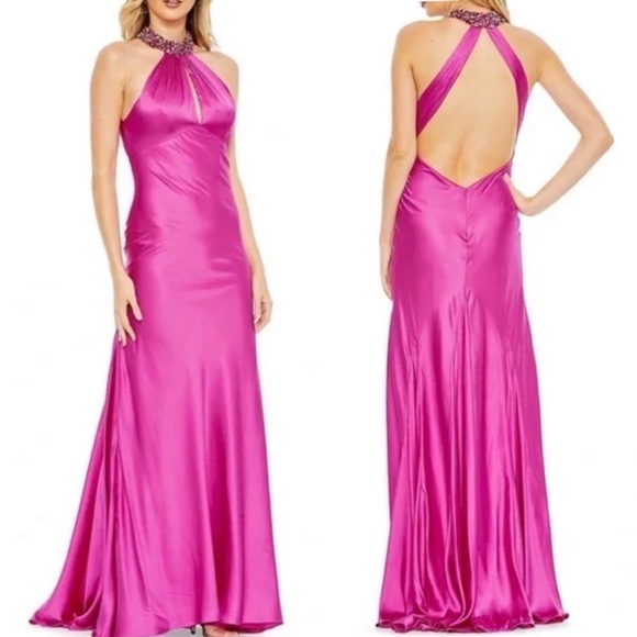 NWT Mac Duggal Embellished Satin Halter Sheath Maxi Gown in Pink - Picture 1 of 9